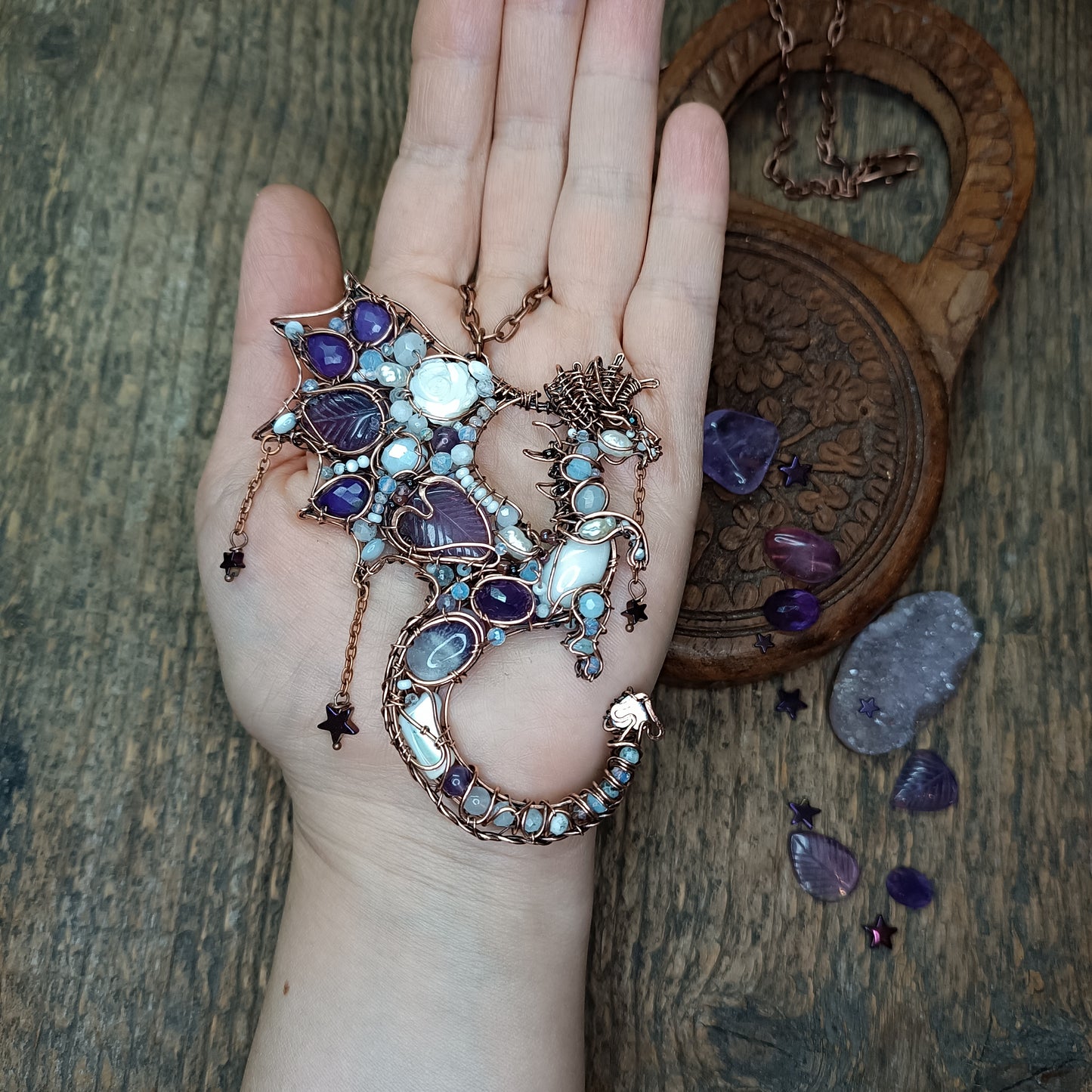 Amethyst night Stars catcher. Dragon necklace.