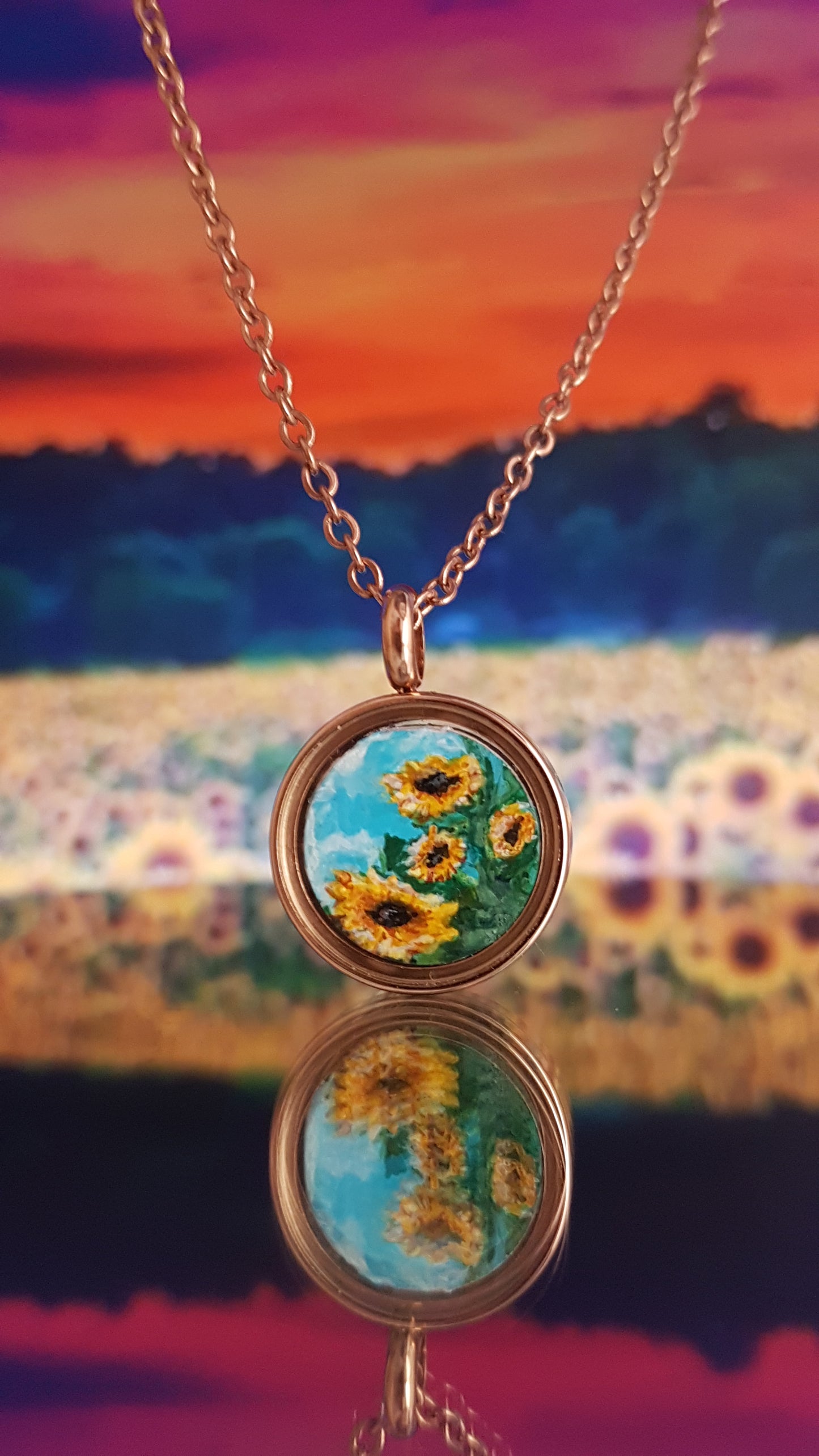 Bee and sunflowers. Double sided mini painted charm.