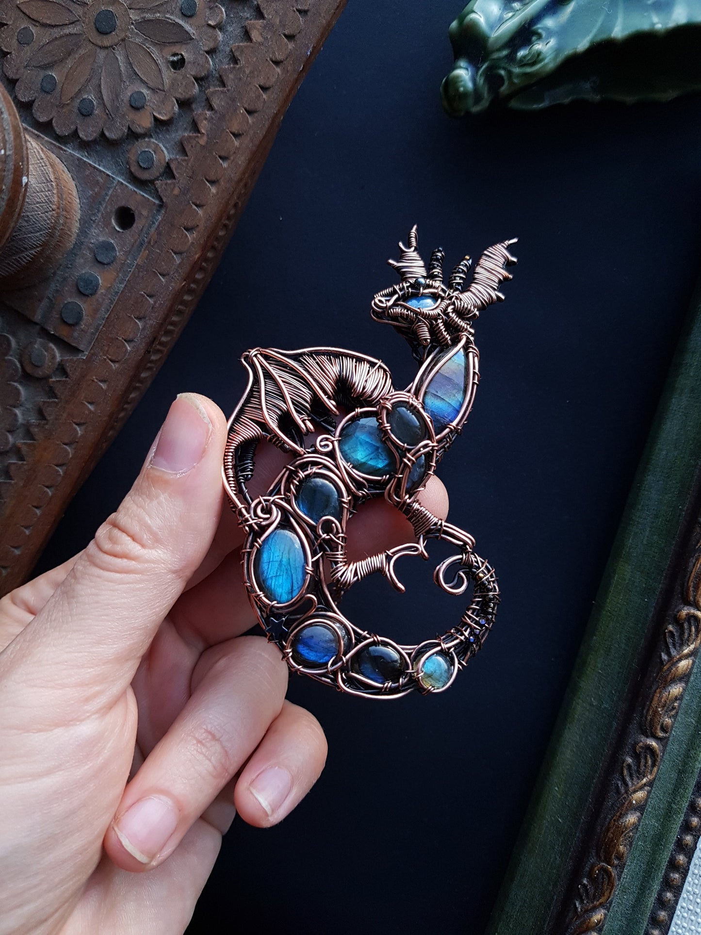 First payment. FOR JAN Great water dragon. Wire wrapped copper necklace with labradorites.