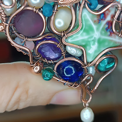 "Ocean" Copper necklace with mini paintings.