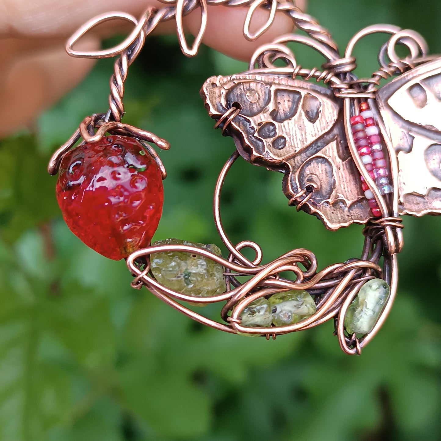 Life circle. Summer strawberry butterfly nebula necklace