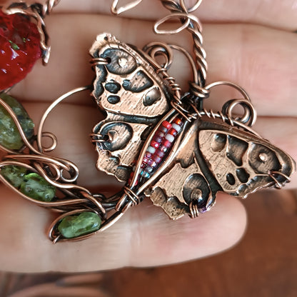 Life circle. Summer strawberry butterfly nebula necklace
