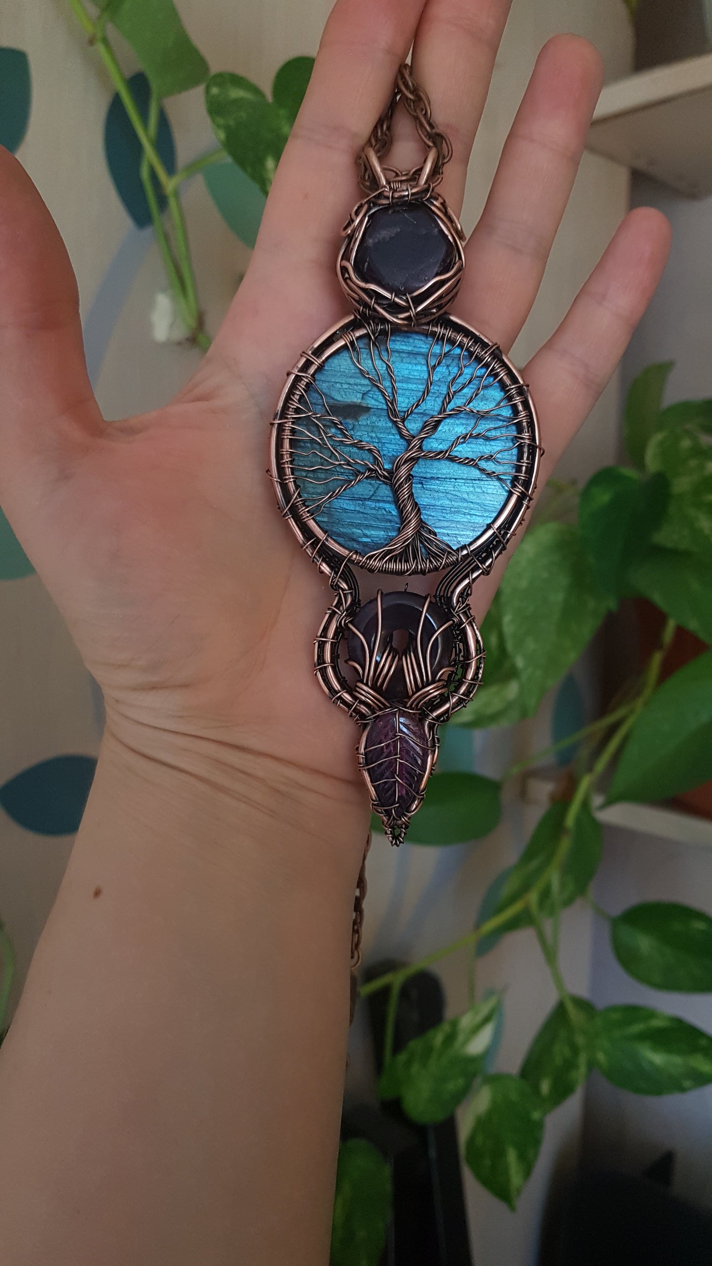 Blue tree of life. Statement copper wire wrapped necklace