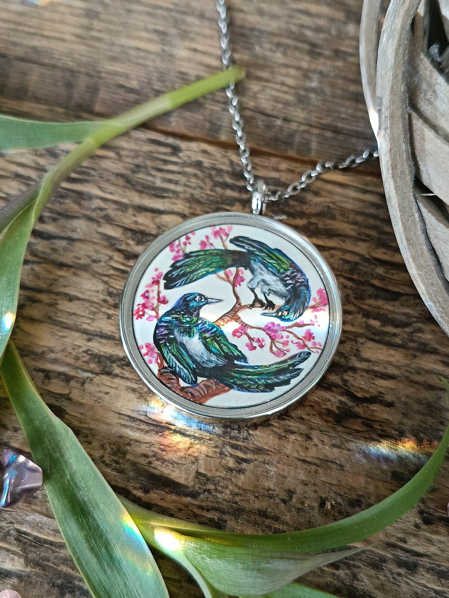 "Love is in the air" Magpies and Blue jays necklace. Reversible painted pendant.