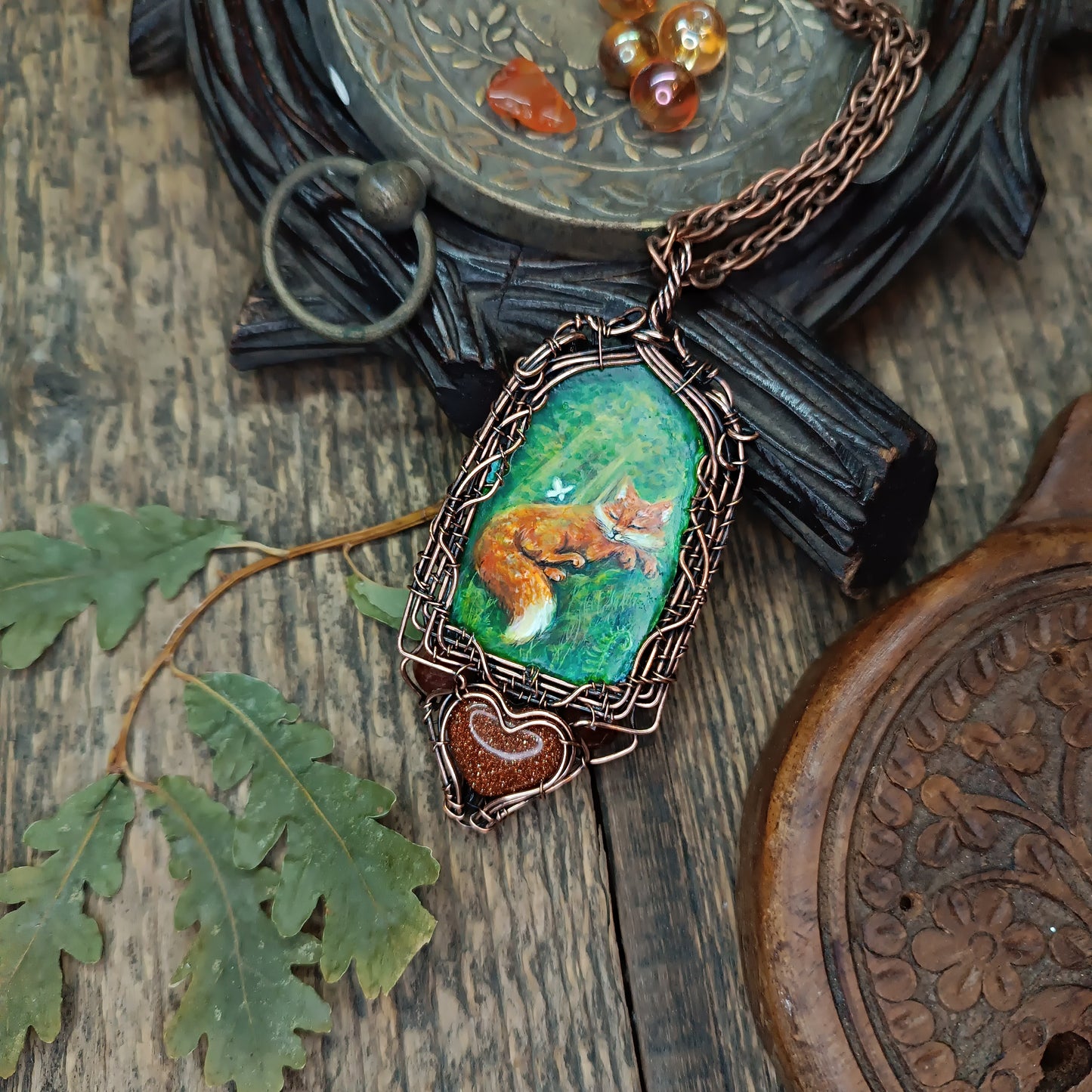 Forest light guardians.🦊🦊 Wire wrapped necklace with miniature paintings.