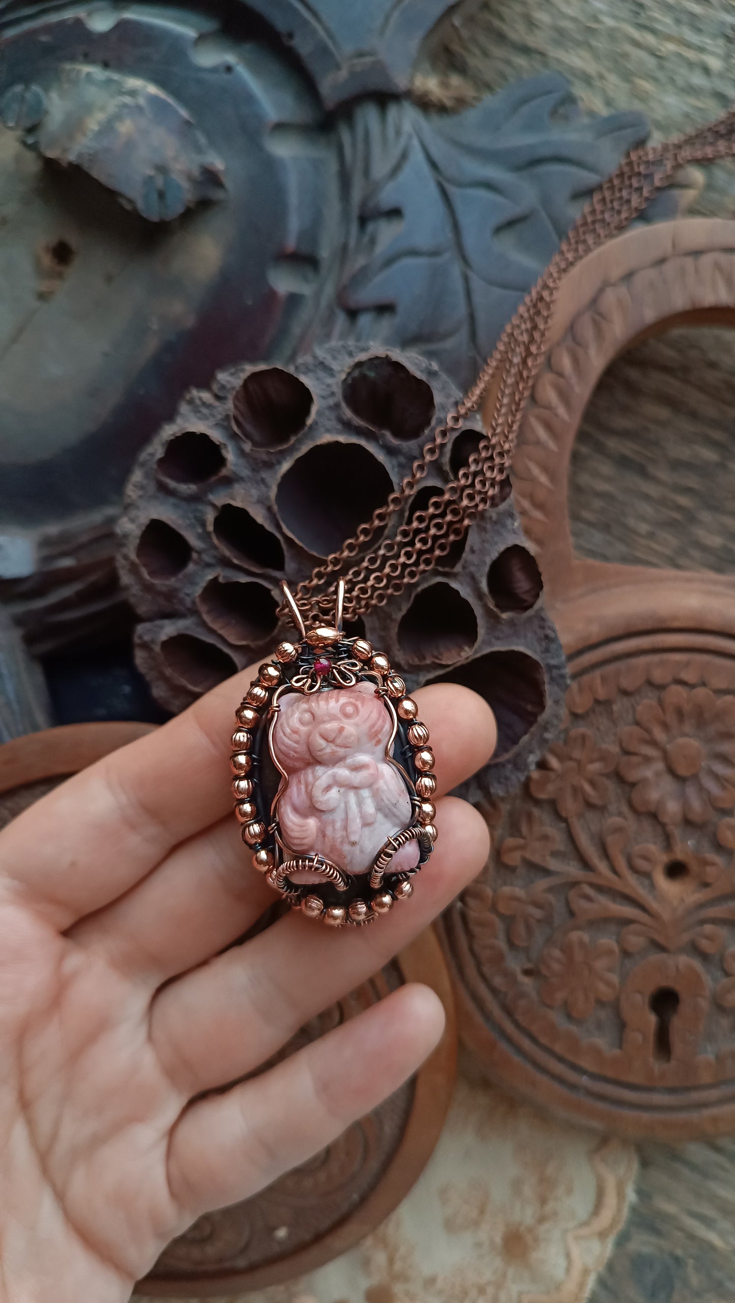 For Cheryl. Rhodonite bear and purple labradorite pendant.