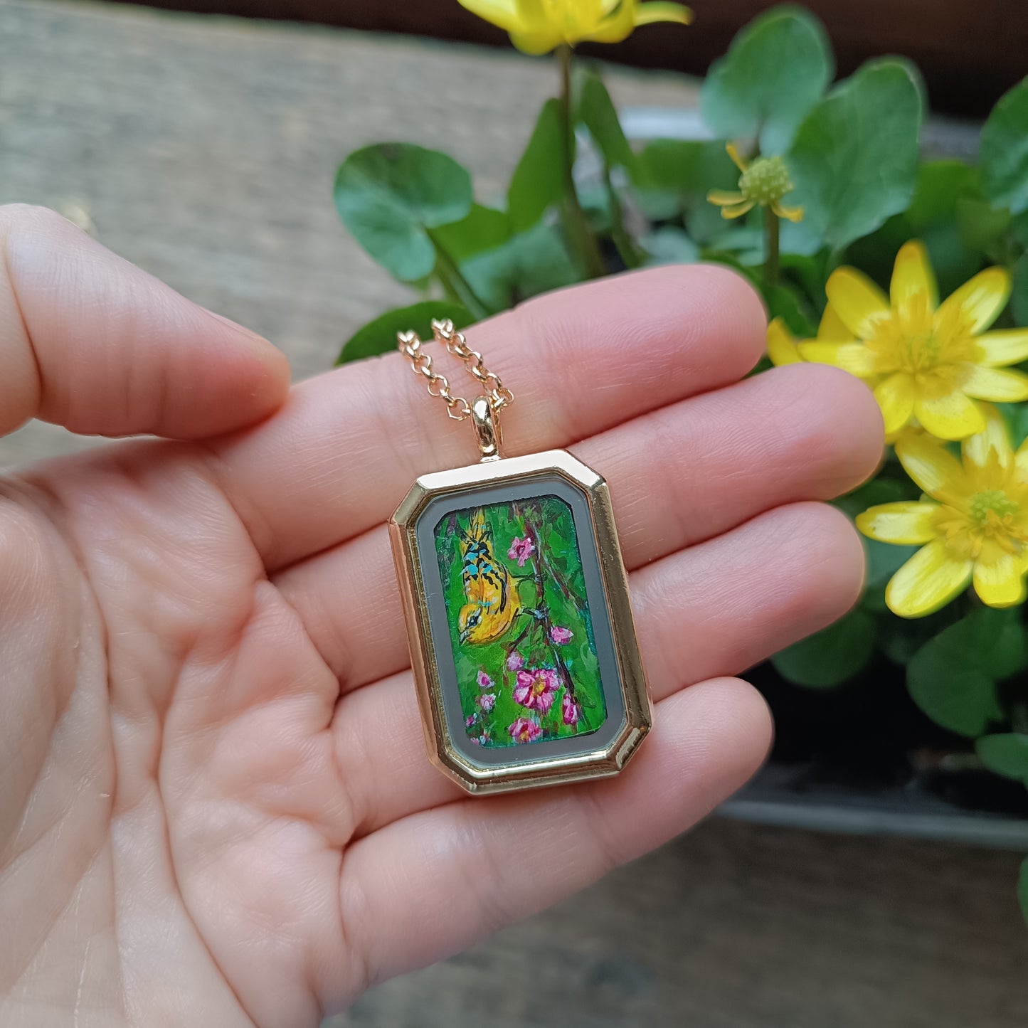 Yellow birds. Hand painted two sided pendant.