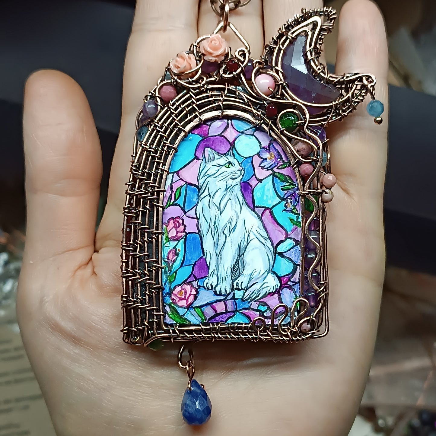 For Diane. Custom necklace. Owl and cat magic window.