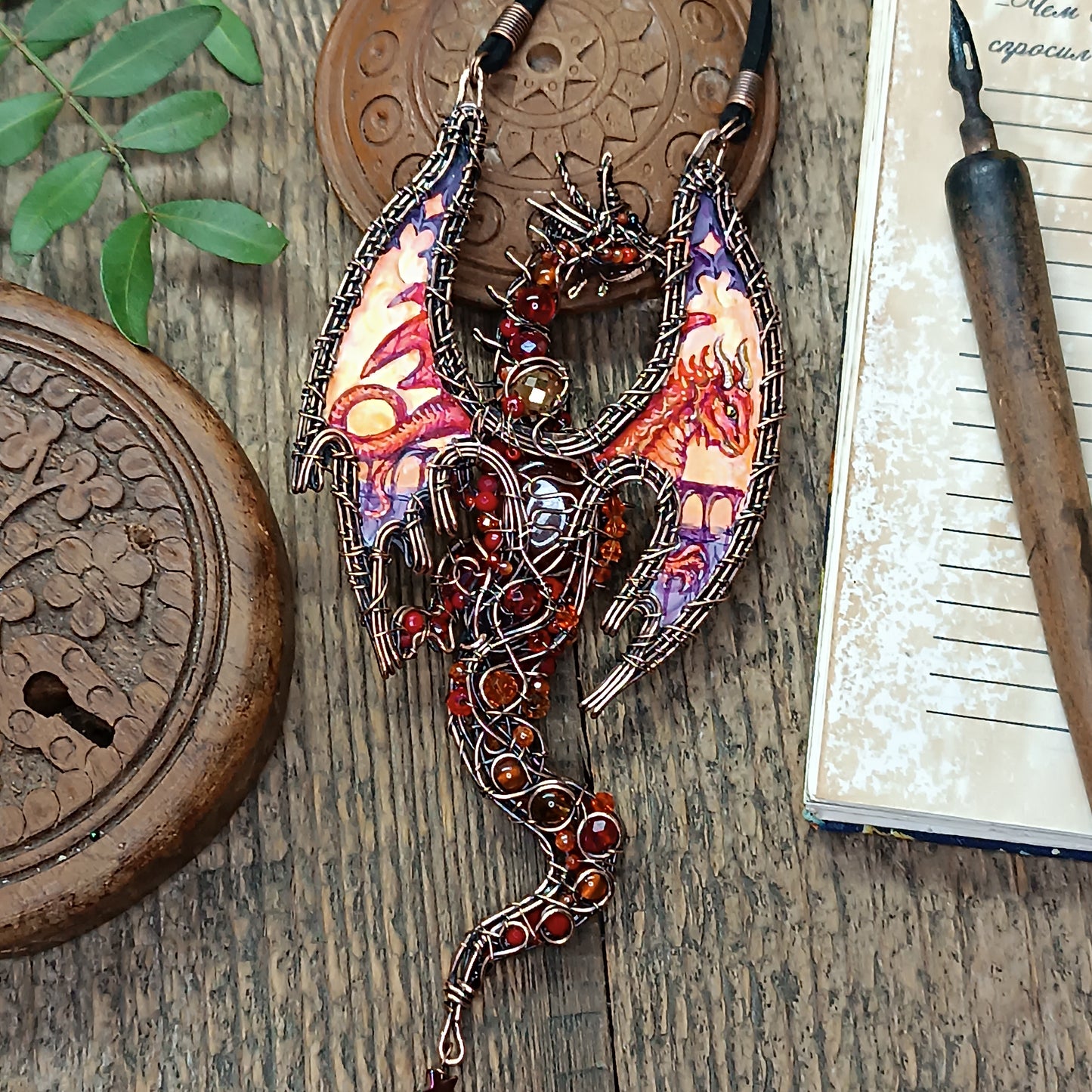 The ballad of Red dragon and his love. Wearable art necklace.