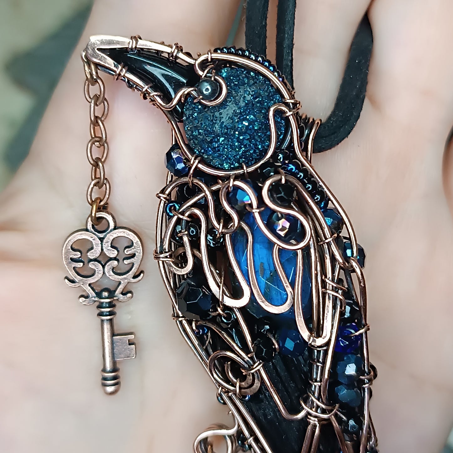 Dark blue night Secret keeper necklace. Blue raven.