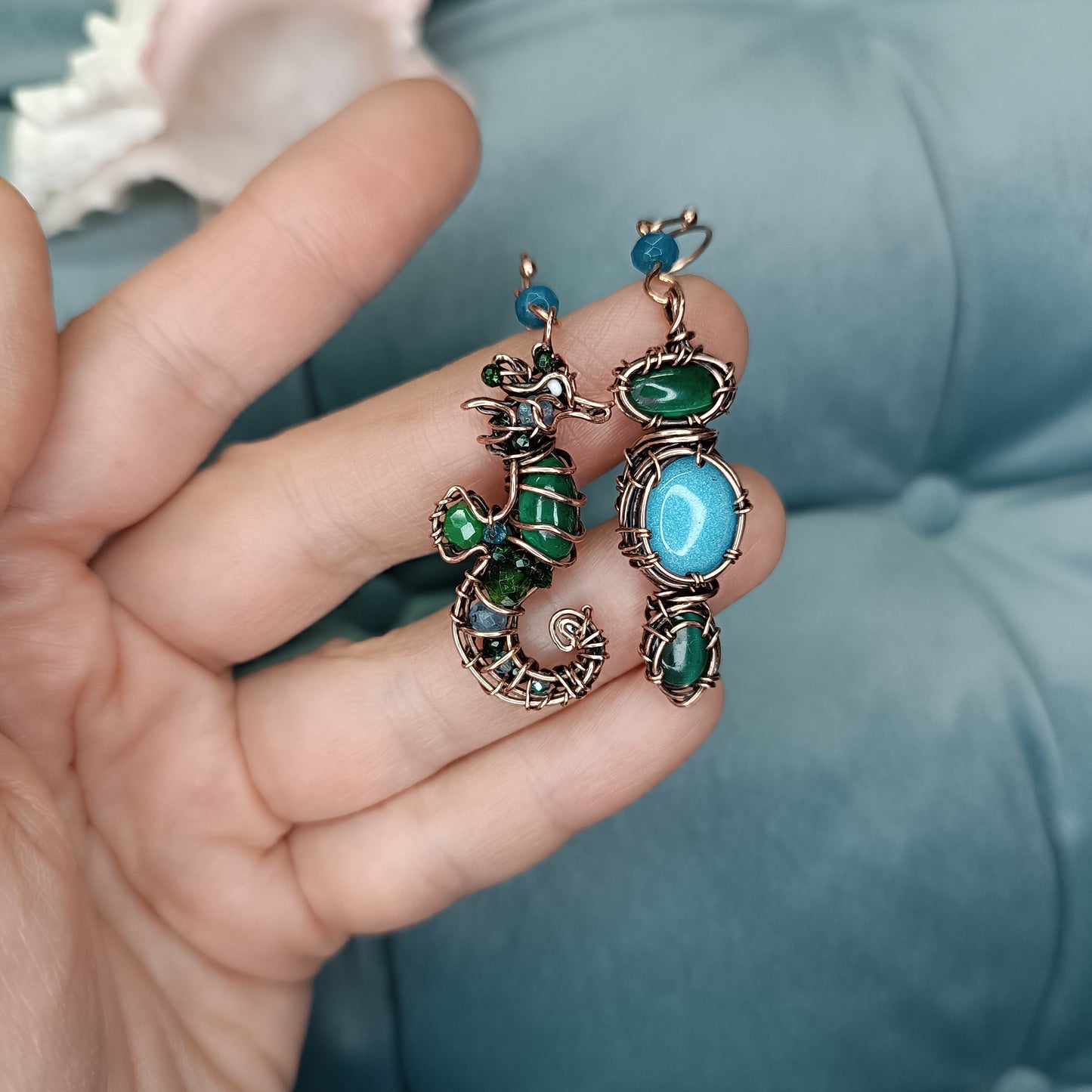 "Ocean" dangling earrings.