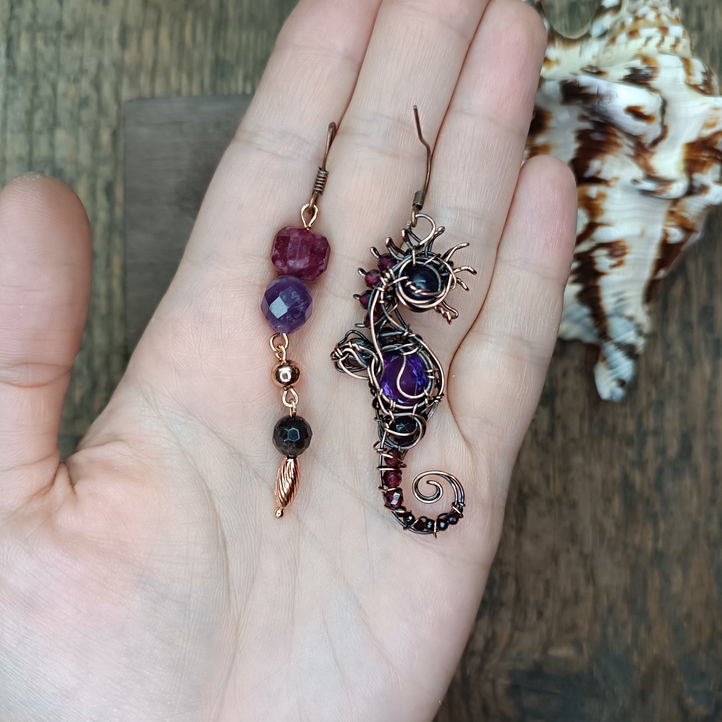 Amethyst and garnet seahorse earrings