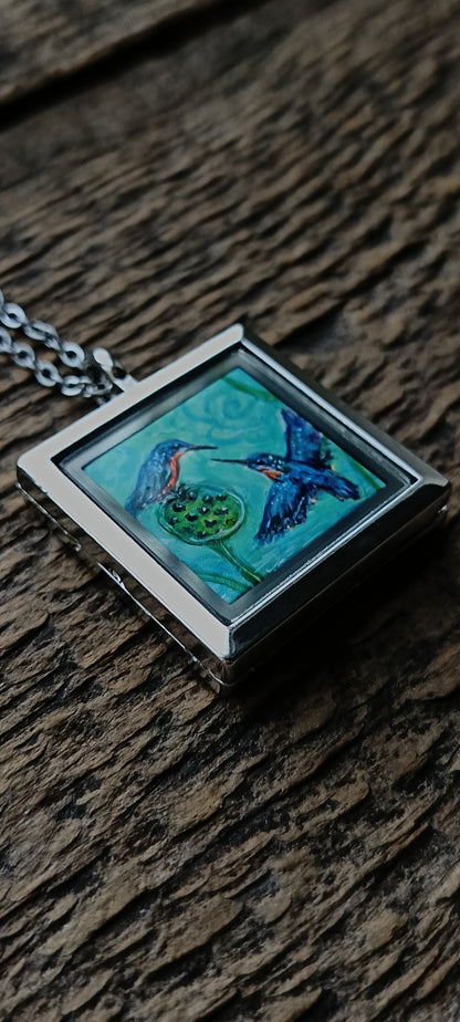 Kingfishers on lotus. Hand painted necklace.