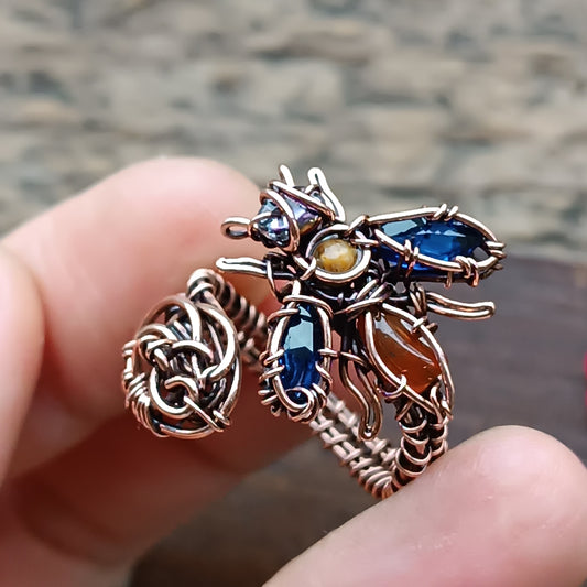 Blue wings Bee RING. Adjustable.