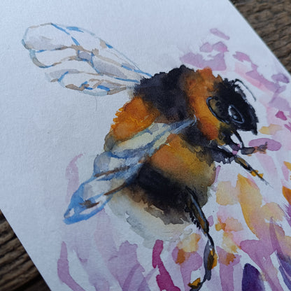 Bumblebee on a blooming flower. Original watercolour on paper. Unframed.