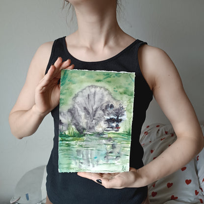 Raccoon gourmet. Original watercolour painting.