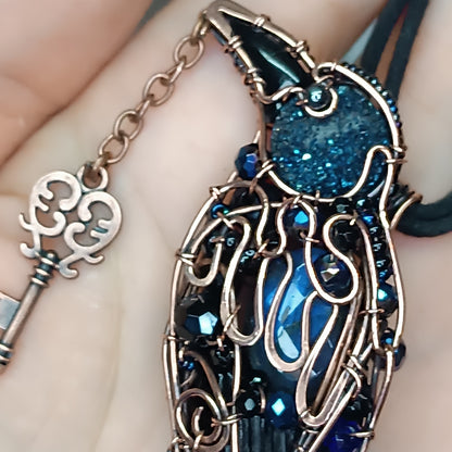 Dark blue night Secret keeper necklace. Blue raven.