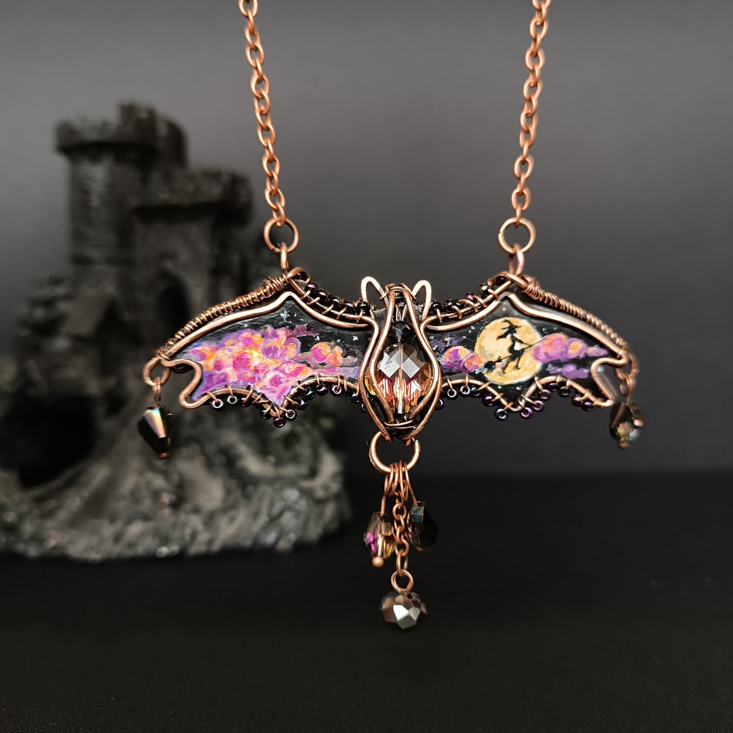 Halloween story. Painted bat necklace