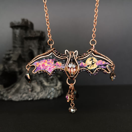 Halloween story. Painted bat necklace