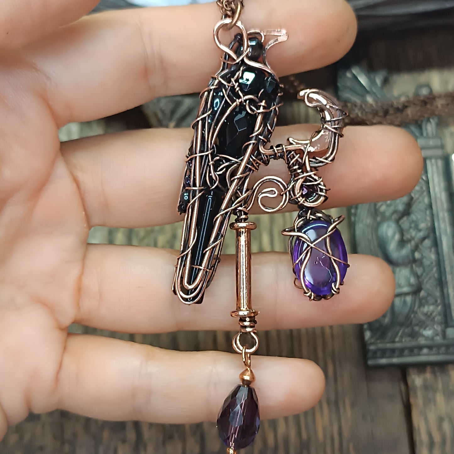 Raven on amethyst lantern necklace 🐦‍⬛💜