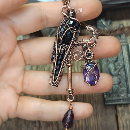 Raven on amethyst lantern necklace 🐦‍⬛💜