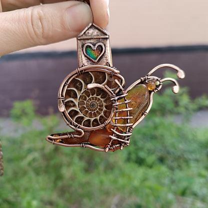 Snail and a fairy house necklace
