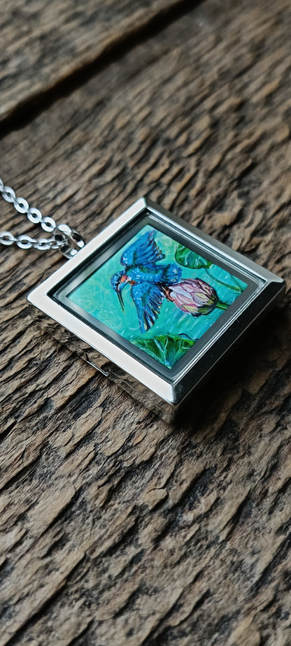 Kingfishers on lotus. Hand painted necklace.