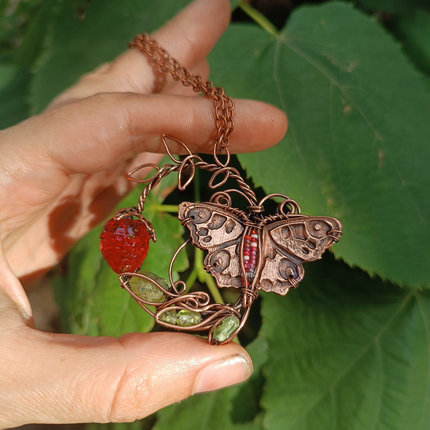 Life circle. Summer strawberry butterfly nebula necklace