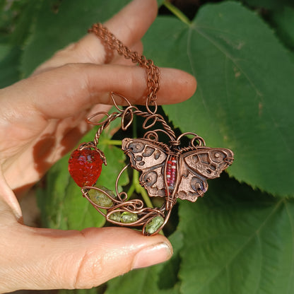 Life circle. Summer strawberry butterfly nebula necklace