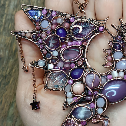 Pink and lavender Stars Catcher. Wire wrapped dragon necklace.