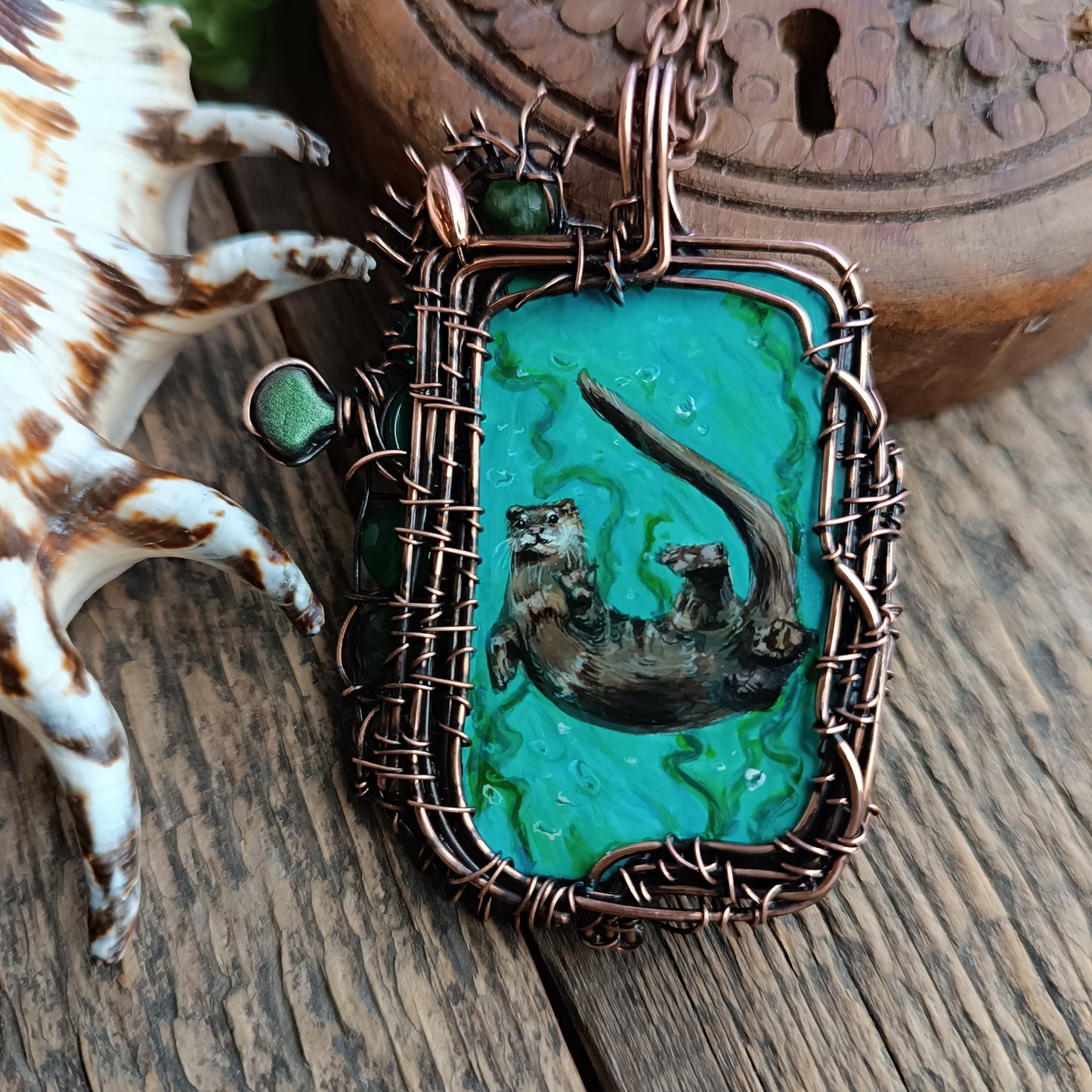Aquatic adventure 🐢🦦 Hand painted wire wrapped necklace. 2 sided.
