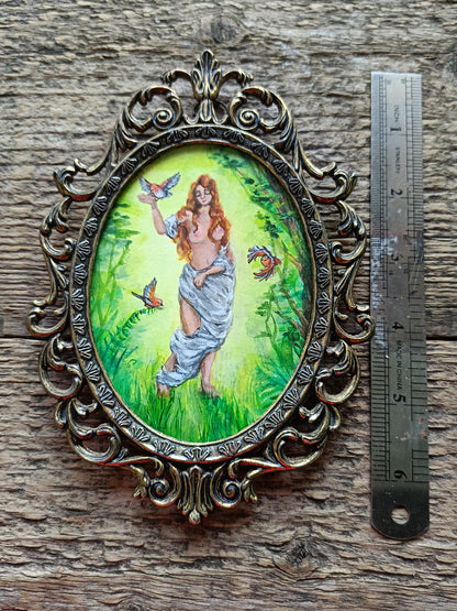For Glen. Lady and birds in the forest. Acrylic painting framed