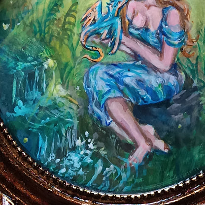 Princess and dragon. Original acrylic painting in a frame.