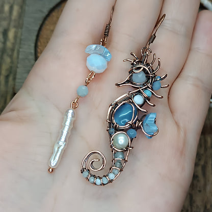 Blue and white seahorse earrings