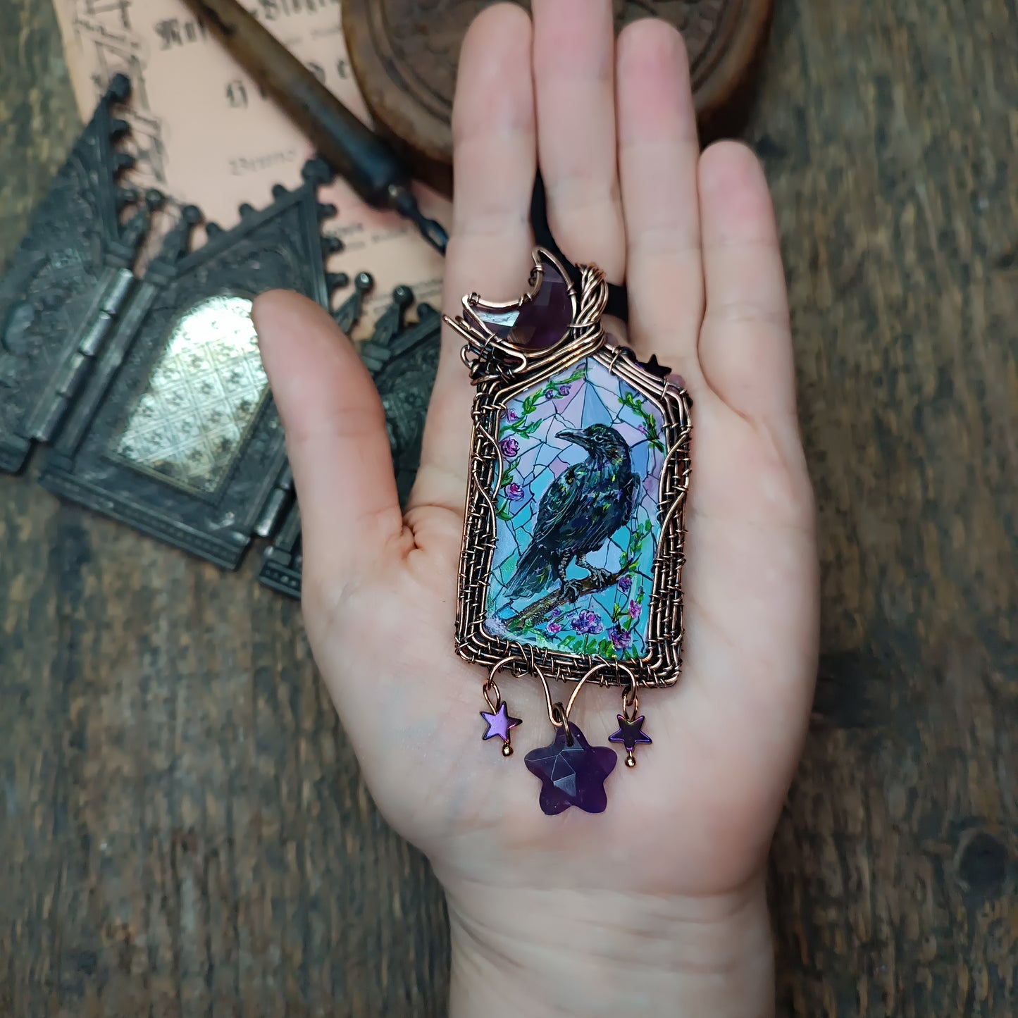 Medieval window necklace. Raven and Bat.