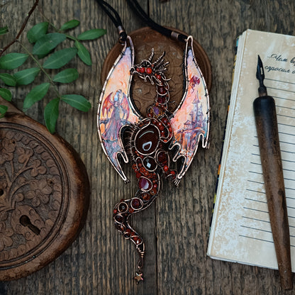 The ballad of Red dragon and his love. Wearable art necklace.