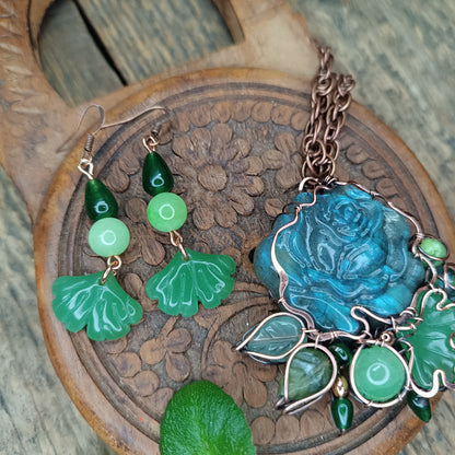 Ginkgo and rose necklace and earrings