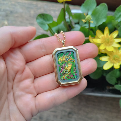 Yellow birds. Hand painted two sided pendant.
