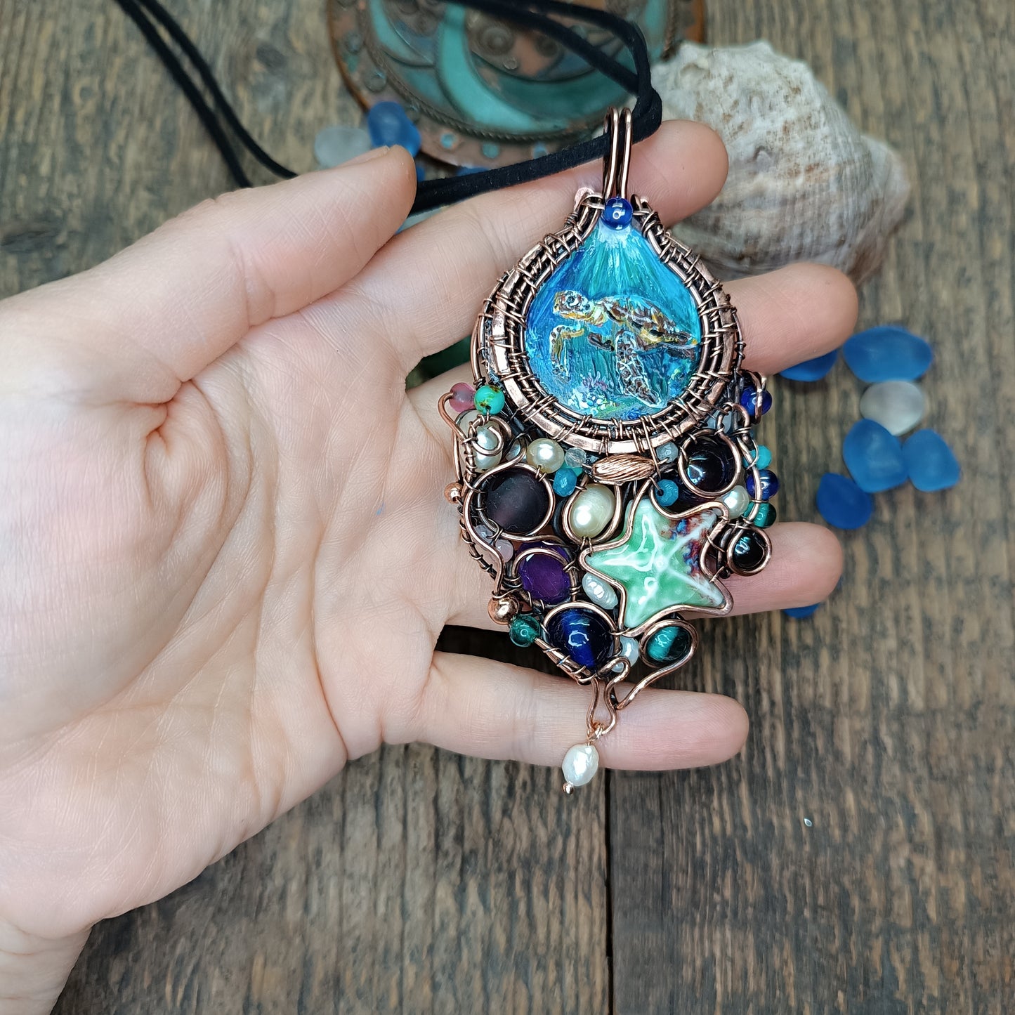 "Ocean" Copper necklace with mini paintings.