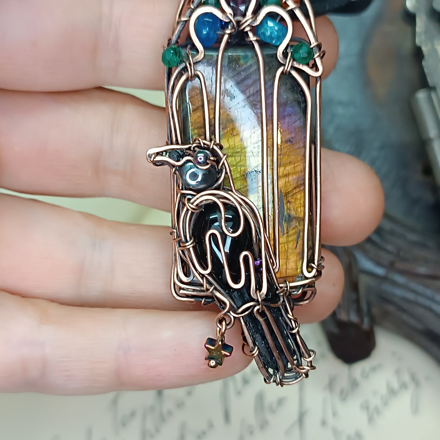 Raven on the stained glass window necklace