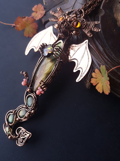 Emerging fire Dragon necklace Copper wire wrapped jewelry