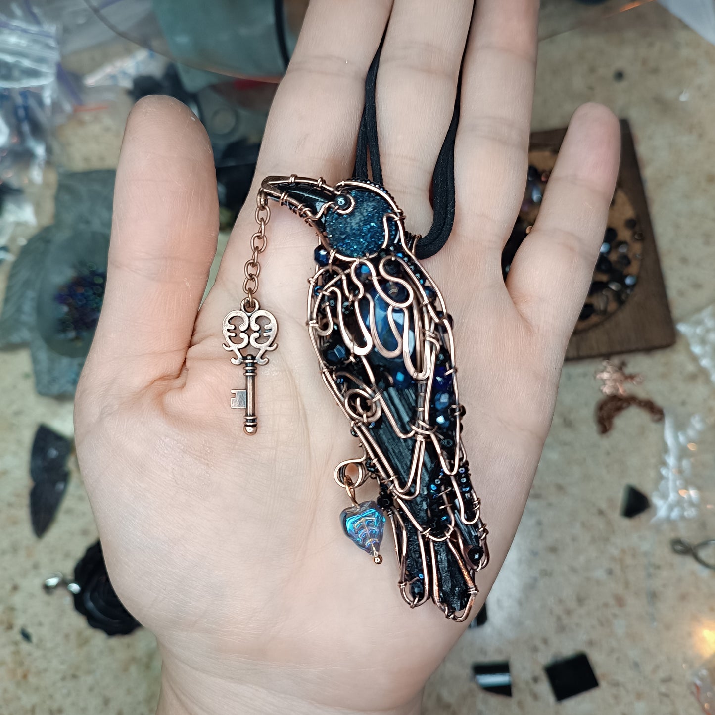 Dark blue night Secret keeper necklace. Blue raven.