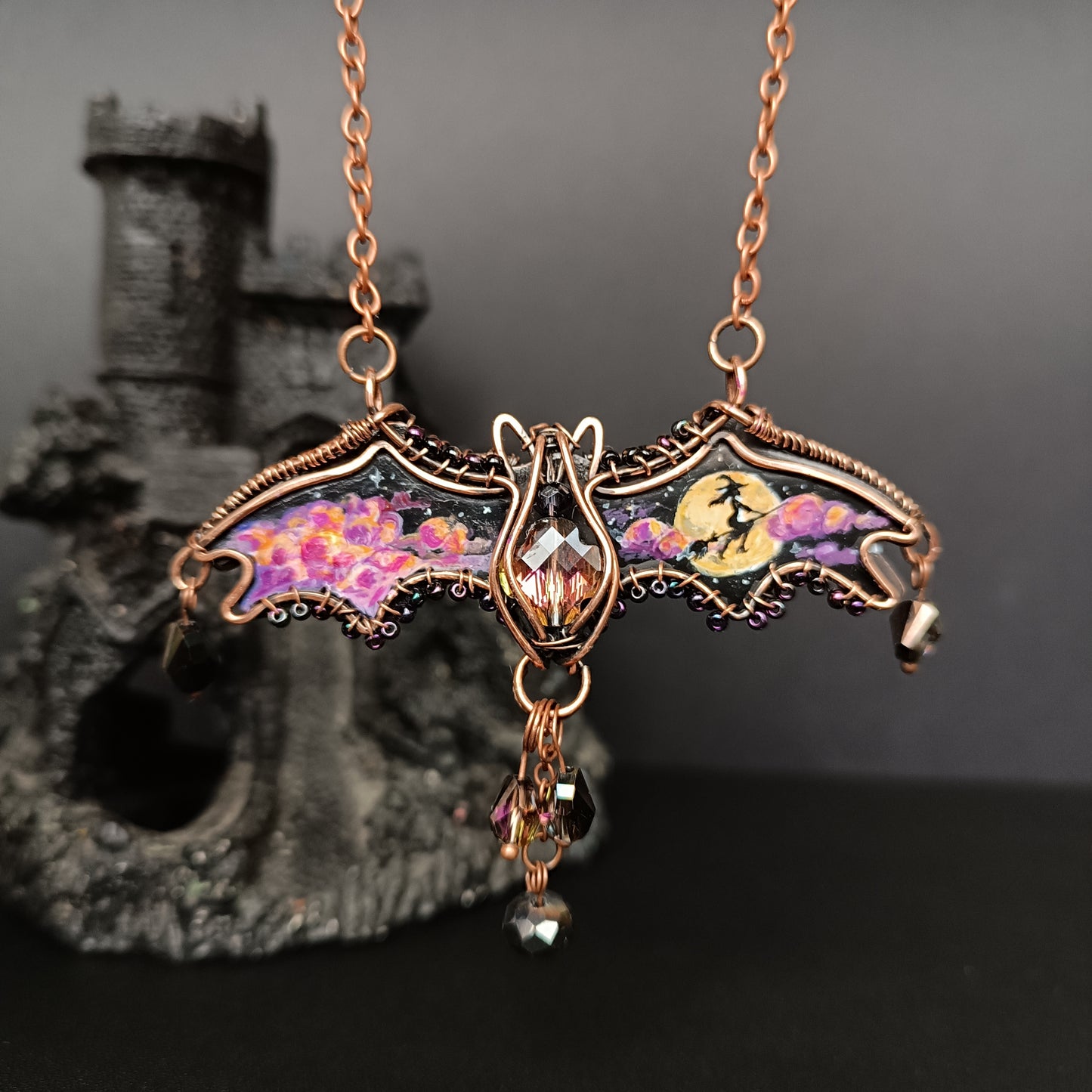 Halloween story. Painted bat necklace