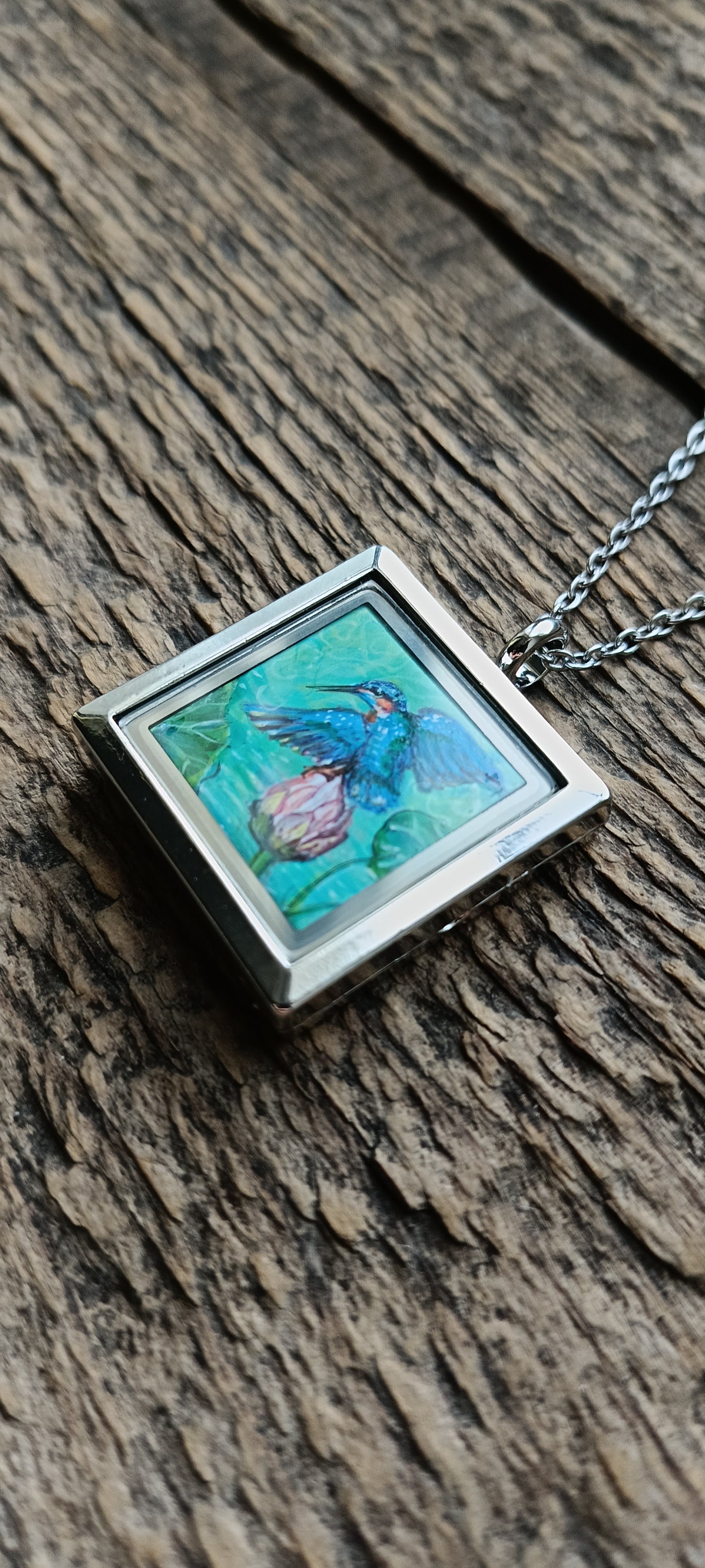 Kingfishers on lotus. Hand painted necklace.
