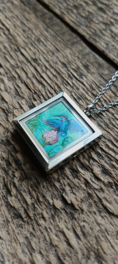 Kingfishers on lotus. Hand painted necklace.