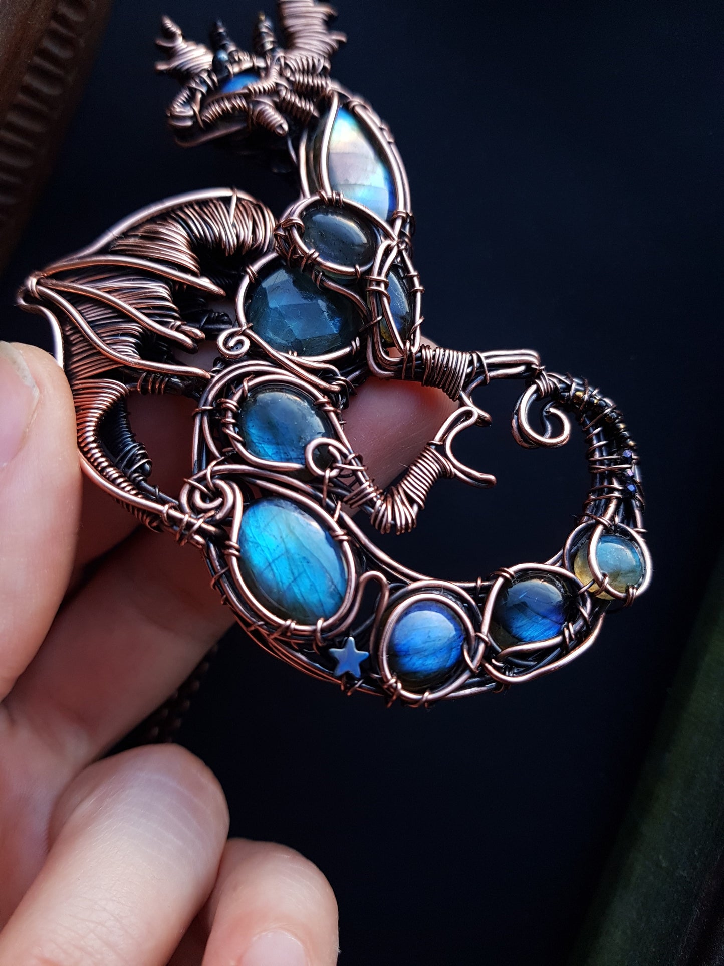 Final payment. FOR JAN Great water dragon. Wire wrapped copper necklace with labradorites.