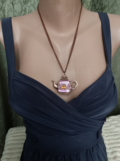 Magic sparkling purple fairy house teapot necklace.