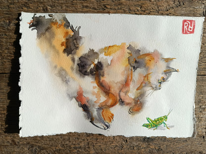 Hop hop! Fluffy cat and grasshopper. Original watercolour