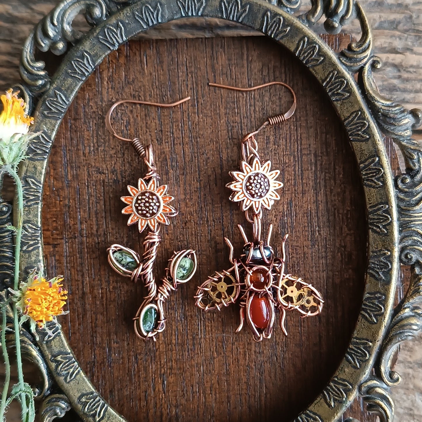 Sunflower honey bee earrings