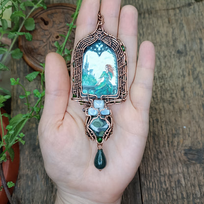The ballad of white unicorn and princess. Wire wrapped necklace with miniature paintings.